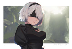 Rule 34 | 1girl, absurdres, back cutout, black blindfold, black dress, black hairband, blindfold, blurry, blurry background, border, cleavage cutout, clothing cutout, covered eyes, dress, forest, hairband, highres, juliet sleeves, long sleeves, mole, mole under mouth, nature, nier (series), nier:automata, open mouth, puffy sleeves, silver hair, solo, water, waterfall, white border, xtears kitsune, 2b (nier:automata)