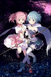 Rule 34 | 2girls, blue eyes, blue hair, bow, bubble skirt, cape, detached sleeves, dress, fortissimo, frilled dress, frills, gloves, hair ornament, hair ribbon, highres, holding, holding weapon, kaname madoka, kaname madoka (magical girl), magical girl, mahou shoujo madoka magica, mahou shoujo madoka magica (anime), miki sayaka, miki sayaka (magical girl), multiple girls, musical note, musical note hair ornament, neck ribbon, pink eyes, pink hair, puffy short sleeves, puffy sleeves, ribbon, short hair, short sleeves, short twintails, skirt, smile, sword, thighhighs, twintails, un nm5sy, weapon, white gloves, white thighhighs