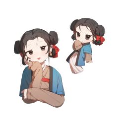 Rule 34 | 1girl, a-junk, black hair, brown eyes, check copyright, chibi, chinese clothes, copyright request, cropped torso, duijin ruqun, earrings, hair ribbon, hanfu, highres, jewelry, long sleeves, looking at viewer, multiple views, open mouth, original, red ribbon, ribbon, shuangyaji, smile, upper body, white background