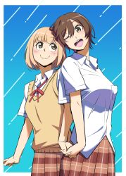 Rule 34 | 10s, 2girls, asagao to kase-san, blonde hair, blue background, brown hair, closed mouth, exocet (exocet4), gradient background, hair between eyes, head tilt, holding hands, kase tomoka, looking at another, multiple girls, one eye closed, open mouth, plaid, plaid skirt, pleated skirt, red ribbon, red skirt, ribbon, school uniform, shirt, short hair, skirt, smile, sweater vest, white shirt, yamada yui, yellow eyes
