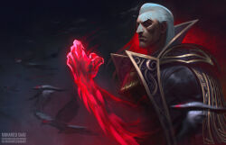 Rule 34 | 1boy, arm up, artist name, bird, black bird, cloak, collar, commentary, english commentary, glowing, glowing arm, glowing eyes, glowing hands, gold trim, hair slicked back, highres, league of legends, long hair, looking to the side, red aura, solo, swain (league of legends), thefearmaster, white hair