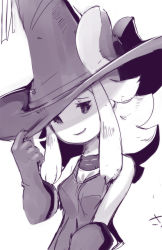 Rule 34 | 1girl, bad id, bad pixiv id, bravely default: flying fairy, bravely default (series), breasts, closed mouth, commentary request, curly hair, edea lee, gloves, hat, long hair, looking at viewer, monochrome, sho-n-d, sketch, smile, solo, witch hat
