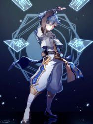 Rule 34 | 1boy, ahoge, blue eyes, blue hair, chinese clothes, chongyun (genshin impact), dated, full body, genshin impact, gloves, hair between eyes, hair ornament, highres, hood, hozumi rino, jewelry, long sleeves, looking at viewer, male focus, open mouth, short hair, signature, solo