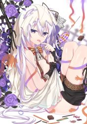 Rule 34 | 1girl, black shorts, blurry, blurry background, bow, breasts, candy, candy wrapper, chocolate, clothes pull, commentary request, cross, depth of field, flower, food, hair between eyes, halloween, highres, latin cross, lollipop, long hair, nyori, orange bow, original, pocky, purple eyes, purple flower, purple hair, purple rose, rose, short shorts, shorts, shorts pull, small breasts, solo, striped, striped bow, swirl lollipop, topless, very long hair, white background