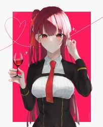 Rule 34 | 1girl, adjusting hair, black jacket, black skirt, blush, closed mouth, cup, drinking glass, girls&#039; frontline, hair ribbon, hand in own hair, harafrontline, highres, holding, holding cup, jacket, long hair, long sleeves, looking at viewer, necktie, purple hair, red eyes, red necktie, ribbon, shirt, side ponytail, simple background, skirt, solo, upper body, wa2000 (girls&#039; frontline), white shirt, wine glass