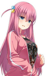 Rule 34 | 1girl, black shirt, blue eyes, blush, bocchi the rock!, breasts, commentary, cube hair ornament, eyelashes, eyes visible through hair, frown, gotoh hitori, hair between eyes, hair ornament, highres, jacket, large breasts, long hair, looking down, one side up, open mouth, pink hair, pink jacket, shirt, sidelocks, simple background, sleeves past wrists, solo, straight hair, umekichi, undressing, unzipped, upper body, very long hair, white background
