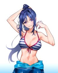 Rule 34 | 1girl, arm up, bare shoulders, bikini, blue hair, blush, bodysuit, breasts, cleavage, clothes down, collarbone, diving suit, groin, hair tie, halterneck, hand up, highres, huge 0330, large breasts, long hair, looking at viewer, love live!, love live! sunshine!!, matsuura kanan, navel, ponytail, purple eyes, smile, solo, striped bikini, striped clothes, swimsuit, teeth, toned, tying hair, upper body, wetsuit