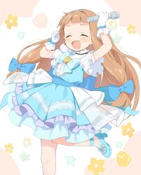 Rule 34 | 1girl, ^ ^, absurdres, arms up, blue dress, blue footwear, blunt bangs, blush, child, chipochopo324, closed eyes, commentary request, dress, foot out of frame, frilled dress, frilled sleeves, frills, gloves, hair ornament, highres, holding, holding microphone, ichihara nina, idol, idolmaster, idolmaster cinderella girls, idolmaster cinderella girls u149, leg up, long hair, microphone, multicolored background, multicolored clothes, multicolored dress, open mouth, orange hair, short bangs, simple background, smile, solo, star (symbol), starry background, white background, white dress, white gloves