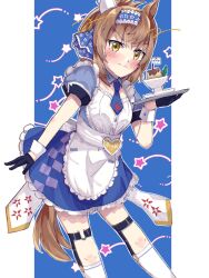 Rule 34 | 1girl, alternate costume, animal ears, apron, blue background, blush, breasts, brown eyes, brown hair, character request, closed mouth, commentary request, enmaided, food, gloves, hair between eyes, hair ornament, headband, highres, holding, holding tray, horse ears, horse girl, horse tail, looking at viewer, maid, necktie, okapun, pudding, simple background, small breasts, tail, thighhighs, tray, umamusume
