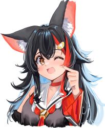 Rule 34 | 1girl, :d, absurdres, animal ears, back slit, backlighting, black hair, blue hair, blush, breasts, choker, collarbone, commentary request, cropped torso, daichi (daichi catcat), fang, grey hair, hair between eyes, hair ornament, hairclip, hand up, highres, hololive, long hair, long sleeves, looking at viewer, medium breasts, multicolored hair, one eye closed, ookami mio, ookami mio (1st costume), open mouth, red choker, red hair, sailor collar, shiny clothes, sidelocks, simple background, skin fang, smile, solo, streaked hair, tareme, upper body, virtual youtuber, white background, white hair, wide sleeves, wolf ears, wolf girl, yellow eyes