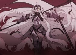 Rule 34 | ahoge, armor, bare shoulders, breasts, chain, clothing cutout, collarbone, commentary request, fate/grand order, fate (series), feet out of frame, flag, hair over one eye, holding, holding flag, holding sword, holding weapon, jeanne d&#039;arc (fate), jeanne d&#039;arc alter (avenger) (fate), jeanne d&#039;arc alter (avenger) (third ascension) (fate), jeanne d&#039;arc alter (fate), long hair, looking at viewer, medium breasts, navel, open mouth, sheath, solo, standing, stomach cutout, sword, takatsuki ichi, very long hair, weapon, yellow eyes