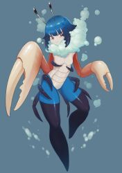 Rule 34 | 1girl, absurdres, air bubble, arthropod girl, arthropod limbs, blue background, blue eyes, blue hair, breasts, brown eyes, bubble, carapace, closed mouth, crab girl, daon (kenta111881), extra eyes, full body, hands up, highres, looking at viewer, monster girl, multicolored eyes, no feet, original, oversized limbs, pincers, short hair, simple background, small breasts, smile, soap bubbles, solo