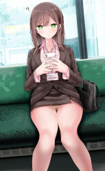 Rule 34 | 1girl, ?, @ @, bag, blush, breasts, brown hair, brown jacket, cellphone, closed mouth, collared shirt, commentary request, dutch angle, eyelashes, feet out of frame, green eyes, hands up, highres, holding, jacket, knees together feet apart, large breasts, legs, long hair, looking at viewer, miniskirt, nail polish, office lady, ol-chan (oouso), oouso, original, panties, panties under pantyhose, pantyhose, phone, pink nails, pink shirt, see-through, see-through legwear, shadow, shirt, shoulder bag, sidelocks, sitting, skirt, smartphone, solo, thighs, train interior, underwear, white pantyhose