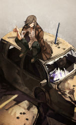 Rule 34 | amanohana, bad id, bad pixiv id, blood, broken glass, brown hair, car, cloak, glass, hair over one eye, mob strike, motor vehicle, on vehicle, open clothes, open shirt, shirt, short hair, sitting, solo, sword, vehicle, weapon