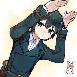 Rule 34 | 1girl, androgynous, belt, black hair, blush, buttons, closed mouth, collared shirt, double-breasted, dutch angle, female focus, gun, highres, holster, holstered, kino (kino no tabi), kino no tabi, looking at viewer, ptcl, rabbit pose, shirt, short hair, solo, tomboy, weapon