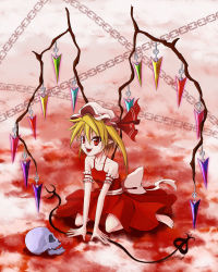 Rule 34 | 1girl, blonde hair, bow, chain, dress, embodiment of scarlet devil, fang, female focus, flandre scarlet, gradient background, hat, highres, kneeling, open mouth, pointy ears, red eyes, ribbon, shinebell, short hair, side ponytail, skull, smile, solo, touhou, white background, wings
