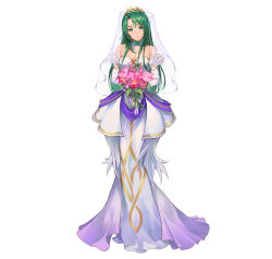 Rule 34 | 1girl, absurdres, artist request, bare shoulders, bouquet, breasts, bridal veil, cecilia (fire emblem), cleavage, detached sleeves, dress, female focus, fire emblem, fire emblem: the binding blade, fire emblem heroes, flower, full body, green eyes, green hair, highres, holding, holding bouquet, long dress, long hair, long sleeves, looking at viewer, matching hair/eyes, medium breasts, nintendo, official alternate costume, pink flower, simple background, smile, solo, standing, strapless, strapless dress, veil, very long hair, wedding dress, white background, white dress