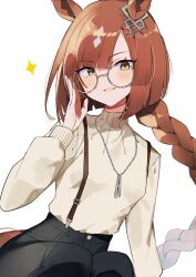 Rule 34 | 1girl, absurdres, animal ears, blush, braid, brown hair, glasses, green eyes, highres, horse ears, horse girl, horse tail, ikuno dictus (umamusume), jewelry, long hair, long sleeves, looking at viewer, necklace, open mouth, round eyewear, shirt, simple background, single braid, smile, solo, sparkle, tail, umamusume, usukawa (uskw sr), very long hair, white background, white shirt