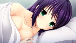 Rule 34 | 1girl, bed, blush, breasts, collarbone, female focus, game cg, green eyes, kishi&times;kano, large breasts, long hair, looking at viewer, lying, minami nonoka, minatsuki alumi, nude, on side, pillow, purple hair, solo, staring, under covers