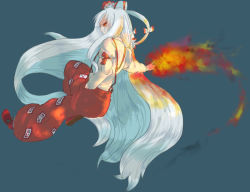 Rule 34 | 1girl, as (ashyblown), female focus, fire, fujiwara no mokou, hair ribbon, hand in pocket, long hair, long sleeves, looking back, outstretched arm, outstretched hand, pants, red eyes, ribbon, shoes, silver hair, solo, suspenders, touhou, very long hair