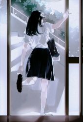 Rule 34 | 1girl, absurdres, black bag, black hair, black skirt, bush, curly hair, from behind, grey theme, hand up, highres, holding, holding shoes, light particles, long hair, looking ahead, lvl229, original, pleated skirt, railing, reflective floor, removing shoes, school uniform, shirt, shoes, unworn shoes, sidelocks, skirt, sliding doors, socks, solo, stairs, standing, standing on one leg, strap, t-shirt, white shirt, white socks, window