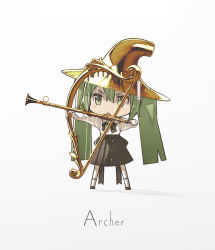 Rule 34 | 1girl, aiming, archer (fate), arrow (projectile), black skirt, blouse, bow (weapon), chibi, chinese commentary, clarinet, commentary, drawing bow, english text, fate (series), full body, green eyes, green hair, harp, hat, hatsune miku, highres, holding, holding bow (weapon), holding instrument, holding weapon, improvised weapon, instrument, kieed, long hair, pleated skirt, shadow, shirt, skirt, solo, standing, string, triangle mouth, tuba, twintails, v-shaped eyebrows, very long hair, vocaloid, weapon, white background, white shirt