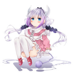 Rule 34 | 10s, 1girl, akatsuki hijiri, beads, black bow, black hairband, blouse, blue eyes, blunt bangs, blush, blush stickers, bow, buttons, capelet, closed mouth, cross-laced clothes, dragon girl, dragon horns, dress, frilled capelet, frills, full body, gothic lolita, gradient hair, hair beads, hair bow, hair ornament, hairband, horns, kanna kamui, kobayashi-san chi no maidragon, light purple hair, lolita fashion, long hair, long sleeves, low twintails, microdress, midair, multicolored hair, pink footwear, purple hair, shadow, shirt, shoes, simple background, solo, tail, thighhighs, twintails, white background, white hair, white thighhighs
