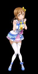 Rule 34 | 10s, 1girl, blue bow, bow, brown hair, frilled skirt, frills, full body, hair bow, heart, highres, kunikida hanamaru, layered skirt, leaning forward, looking at viewer, love live!, love live! school idol festival, love live! sunshine!!, necktie, short hair, short necktie, skirt, smile, solo, standing, thighhighs, transparent background, white thighhighs, wrist cuffs, yellow bow, yellow eyes, yellow necktie