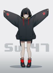 Rule 34 | 1girl, absurdres, black hair, blunt bangs, character name, commentary request, fami (yellow skies), full body, gradient background, grey background, highres, hood, hoodie, long hair, personification, shoes, solo, standing, star (symbol), su-47 berkut, | |