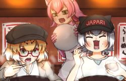 Rule 34 | 3girls, alternate eyewear, animal ears, apron, baseball cap, blonde hair, bow, bowtie, brown jacket, cabbie hat, casual, commentary request, eating, elbow gloves, extra ears, fangs, food, glasses, gloves, green eyes, grey hair, hat, jacket, jaguar (kemono friends), jaguar ears, jaguar girl, kemono friends, kemono friends 3, multicolored hair, multiple girls, noodles, official alternate costume, open mouth, otter ears, otter girl, panther ears, panther girl, peach panther (kemono friends), pink gloves, pink hair, pink neckwear, ramen, shirt, short hair, short sleeves, small-clawed otter (kemono friends), sweatdrop, t-shirt, tapt67ew, tray, two-tone hair, white apron, white hair, white shirt, yellow eyes