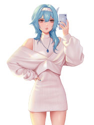 Rule 34 | 1girl, alternate costume, blue hair, blue nails, cellphone, dress, eula (genshin impact), genshin impact, hair ornament, hairband, hand on own hip, highres, holding, holding phone, iphone, jewelry, lips, medium hair, nail polish, necklace, off shoulder, phone, quilm, selfie, simple background, smartphone, solo, taking picture, white dress