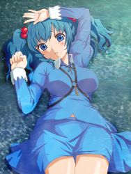 Rule 34 | 1girl, blue eyes, blue hair, blush, breasts, female focus, fujino (yoshi9798174), hair bobbles, hair ornament, kawashiro nitori, large breasts, lying, matching hair/eyes, no headwear, on back, open mouth, short hair, skirt, skirt set, solo, touhou, twintails, two side up, water, wet, wet clothes