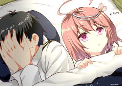 Rule 34 | 10s, 1boy, 1girl, admiral (kancolle), ahoge, black hair, covering face, futon, hair ornament, highres, i-58 (kancolle), kantai collection, pillow, pink eyes, pink hair, ruined for marriage, ryuki (ryukisukune), short hair, upper body