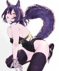 Rule 34 | 1girl, animal ears, arknights, black hair, black thighhighs, blush, breasts, cat ears, cat girl, cat tail, gloves, highres, kneeling, kochiya (gothope), leotard, looking at viewer, open mouth, rockrock (arknights), short hair, small breasts, solo, strapless, strapless leotard, tail, thighhighs, white background, white gloves, yellow eyes