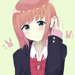 Rule 34 | 1girl, 7 calpis 7, black jacket, blazer, blush, bow, brown hair, cardigan, closed mouth, collared shirt, commentary request, dress shirt, green background, grey eyes, hand up, heart, jacket, long hair, long sleeves, open clothes, open jacket, original, pink cardigan, red bow, sample watermark, school uniform, shirt, simple background, sleeves past wrists, smile, solo, upper body, watermark, white shirt