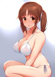 Rule 34 | 1girl, :o, bare arms, bare shoulders, bikini, blush, breasts, cleavage, collarbone, feet out of frame, gradient background, grey background, hair ribbon, idolmaster, idolmaster cinderella girls, large breasts, long hair, looking at viewer, open mouth, red eyes, ribbon, side-tie bikini bottom, sidelocks, solo, squatting, strap gap, swimsuit, tomajiyama, totoki airi, twintails, white ribbon