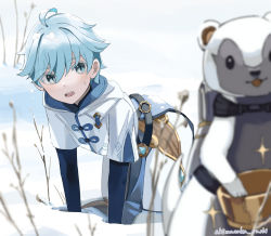 Rule 34 | 1boy, 1other, all fours, bare tree, blue eyes, blue hair, chinese clothes, chongyun (genshin impact), commentary request, footprints, genshin impact, hood, long sleeves, looking at another, male focus, open mouth, outdoors, shimanakao (shimanaka sushi), short hair, snow, solo, tree, winter