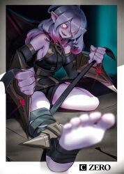 Rule 34 | 1girl, absurdres, ahoge, artist name, belt, black belt, blurry, blurry foreground, border, breasts, briar (league of legends), chromatic aberration, clenched hand, colored sclera, commentary, czero czero, detached sleeves, eyes visible through hair, feet, fingernails, foot focus, foot out of frame, full body, gradient border, gradient hair, grey border, grey hair, grey nails, hair over one eye, highres, league of legends, legs, long hair, looking at viewer, medium breasts, multicolored hair, no pupils, no shoes, on ground, open mouth, outside border, pale skin, pink hair, pointy ears, red sclera, shadow, sharp teeth, sitting, smile, soles, solo, stirrup legwear, teeth, toeless legwear, toes, two-tone hair, upper teeth only, vampire, white eyes, wrist cuffs
