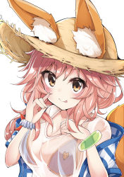 Rule 34 | 1girl, animal ears, bad id, bad pixiv id, bikini, bikini top only, blue bikini, blush, bracelet, breasts, cleavage, collarbone, commentary request, ears through headwear, fate/grand order, fate (series), fox ears, fox shadow puppet, fox tail, hand on own chest, haru mari, hat, highres, jewelry, long hair, looking at viewer, pink hair, see-through, shirt, simple background, smile, solo, straw hat, swimsuit, tail, tamamo (fate), tamamo no mae (fate/extra), tamamo no mae (swimsuit lancer) (fate), tamamo no mae (swimsuit lancer) (second ascension) (fate), tongue, tongue out, upper body, wet, wet clothes, wet shirt, white background, yellow eyes