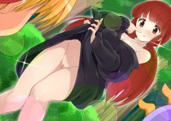 Rule 34 | 1boy, 1girl, amasora taichi, bare shoulders, black robe, breasts, brown eyes, brown hair, cleavage, cleft of venus, closed mouth, collarbone, day, dutch angle, eye contact, forest, headband, kukuri (mahoujin guruguru), legs together, lens flare, lifted by self, long hair, long sleeves, looking at another, mahoujin guruguru, nature, nike (mahoujin guruguru), no panties, nude filter, outdoors, pointing, pointing at self, pussy, robe, robe lift, smile, solo focus, sparkle, standing, third-party edit, uncensored