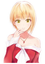 Rule 34 | 1girl, arm up, bare shoulders, blonde hair, bow, breasts, christmas, cleavage, dress, earrings, fur-trimmed dress, fur trim, hand on own chin, idolmaster, idolmaster cinderella girls, jewelry, light background, looking at viewer, medium breasts, miyamoto frederica, nannacy7, necklace, off shoulder, red dress, short hair, simple background, solo, strapless, strapless dress, white background, yellow eyes