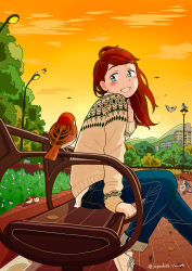 Rule 34 | 1girl, aqua eyes, bench, bird, blue pants, blush, brown hair, building, commentary request, denim, eurasian tree sparrow, flower, foot out of frame, from side, highres, hill, holding, holding phone, jeans, jupachi18, lamppost, long hair, long sleeves, original, outdoors, pants, parted lips, phone, plant, signature, smile, solo, sparrow, sweater, tree, twitter username