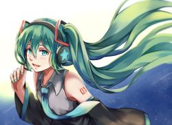 Rule 34 | 1girl, :d, aqua nails, arm at side, bad id, bad twitter id, bare shoulders, black sleeves, blush, detached sleeves, floating hair, floating neckwear, green hair, grey shirt, hair between eyes, hatsune miku, headphones, leaning forward, long hair, looking at viewer, meipoi, multicolored background, nail polish, necktie, open mouth, shirt, sleeveless, sleeveless shirt, smile, solo, tattoo, twintails, upper body, very long hair, vocaloid