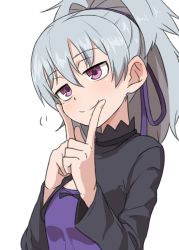 Rule 34 | 1girl, blush, breasts, cape, closed mouth, darker than black, dress, fingersmile, gazacy (dai), hair ribbon, half-closed eyes, highres, long sleeves, looking to the side, ponytail, purple dress, purple eyes, ribbon, silver hair, small breasts, smile, solo, upper body, yin (darker than black)