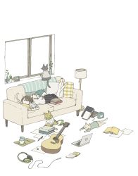 Rule 34 | 1girl, animal, bare legs, barefoot, black skirt, book, brown hair, cat, clock, clothed animal, computer, couch, east sha2, green scarf, guitar, headphones, highres, indoors, instrument, lamp, laptop, legs up, looking at viewer, looking outside, lying, no nose, on stomach, open book, original, paper, pen, pillow, plaid pillow, pleated skirt, scarf, skirt, spoon, white background, window