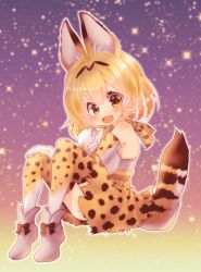 Rule 34 | 10s, 1girl, absurdres, animal ears, animal print, bare shoulders, blonde hair, boots, brown eyes, cat ears, cat tail, elbow gloves, full body, gloves, highres, kemono friends, looking at viewer, open mouth, serval (kemono friends), serval print, serval tail, shimotsukishin, shirt, short hair, sitting, skirt, sleeveless, sleeveless shirt, solo, tail, thighhighs, white footwear, white shirt, zettai ryouiki
