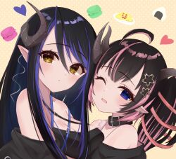 Rule 34 | 2girls, ahoge, bandeau, belt, belt collar, black bandeau, black belt, black hair, black jacket, blue belt, blue eyes, blue hair, blush, breasts, brown eyes, chest belt, cleavage, collar, commentary, curled horns, demon girl, demon horns, earrings, expressionless, flower, food, grey horns, hair between eyes, hair flower, hair ornament, hair ribbon, heart, hebiyoi tier, hebiyoi tier (1st costume), highres, horns, jacket, jewelry, large breasts, long bangs, long hair, looking at viewer, macaron, medium bangs, multicolored hair, multiple girls, nanashi inc., off shoulder, oinomori may, oinomori may (1st costume), omelet, omurice, one eye closed, one side up, onigiri, open mouth, pink hair, pink ribbon, pointy ears, ribbon, sairenji (o70at), sidelocks, single earring, snake bite, symbol-only commentary, two-tone hair, upper body, virtual youtuber, yellow background