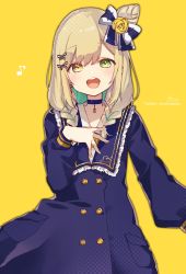 Rule 34 | 1girl, blue choker, blue dress, braid, brown hair, choker, collared dress, commentary, cone hair bun, dress, eighth note, frilled shirt collar, frills, green eyes, green hair, hair between eyes, hair bun, hair over shoulder, hand up, heterochromia, highres, long hair, long sleeves, low twintails, multicolored hair, musical note, original, puffy long sleeves, puffy sleeves, shirt, signature, simple background, sofra, solo, streaked hair, symbol-only commentary, twin braids, twintails, twitter username, two-tone hair, white shirt, yellow background, yellow eyes