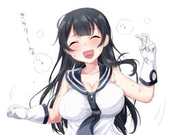 Rule 34 | 10s, 1girl, absurdres, agano (kancolle), black hair, blush, bouncing breasts, breasts, cleavage, collarbone, closed eyes, gloves, hair between eyes, heavy breathing, highres, kantai collection, large breasts, long hair, minatasiro, open mouth, school uniform, serafuku, simple background, solo, sweat, upper body, white background, white gloves