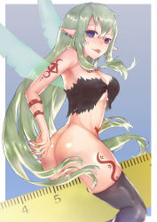 Rule 34 | 1girl, aloe (ishuzoku reviewers), ass, blue eyes, breasts, fairy, green hair, highres, ishuzoku reviewers, large breasts, long hair, pointy ears, solo, tongue, tongue out, wings